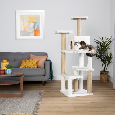 Whisker City® 64-in Stairstep with Condo Cat Tree, White & Tan